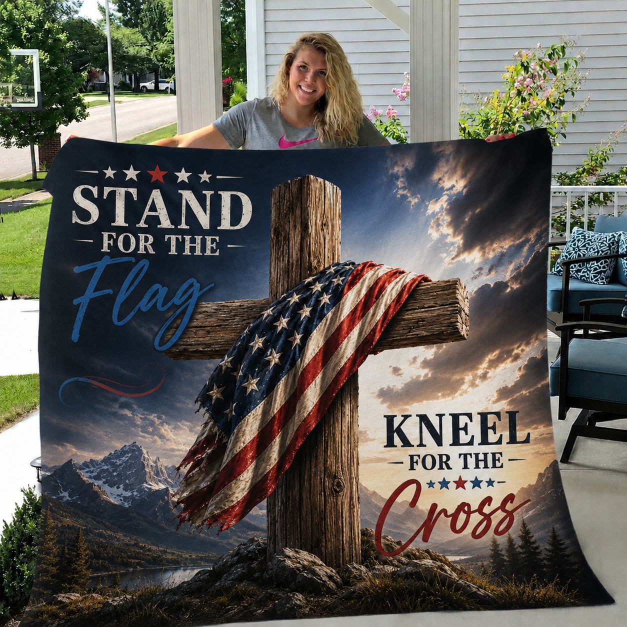 DailyFits Stand For The Flag Kneel For The Cross Christian Patriotic Blanket