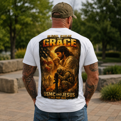 Blood Sweat and Grace USMC Christian Veteran T-Shirt