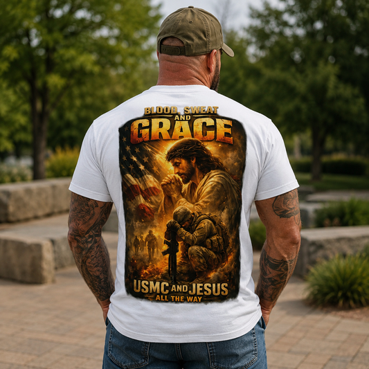 Blood Sweat and Grace USMC Christian Veteran T-Shirt