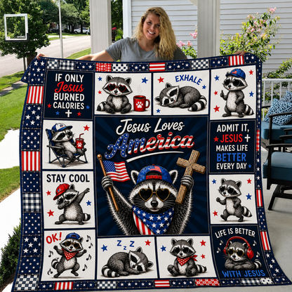DailyFits Jesus Loves America Patriotic Raccoon Christian Blanket