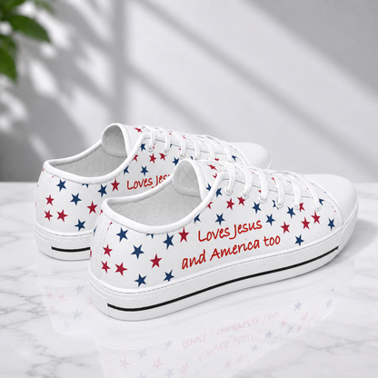 Christian Patriotic Loves Jesus and America Too Women's White Sole Canvas Shoes