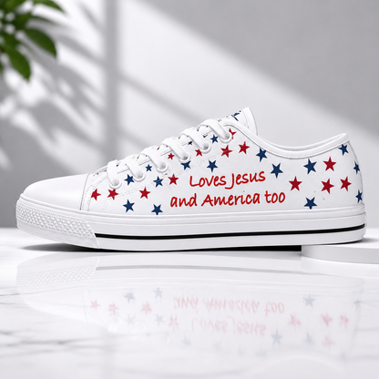 Christian Patriotic Loves Jesus and America Too Women's White Sole Canvas Shoes