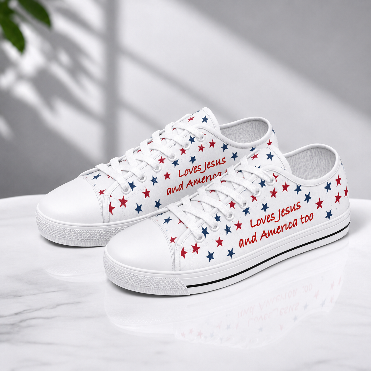 Christian Patriotic Loves Jesus and America Too Women's White Sole Canvas Shoes