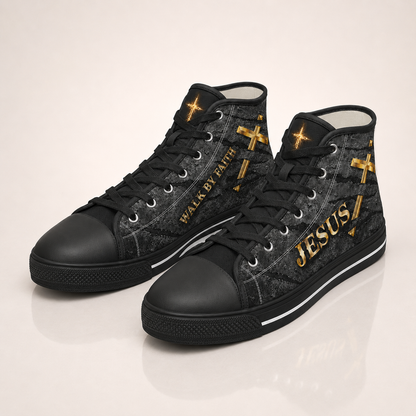 Christian Jesus Walk by Faith Men's Black Sole Canvas Shoes