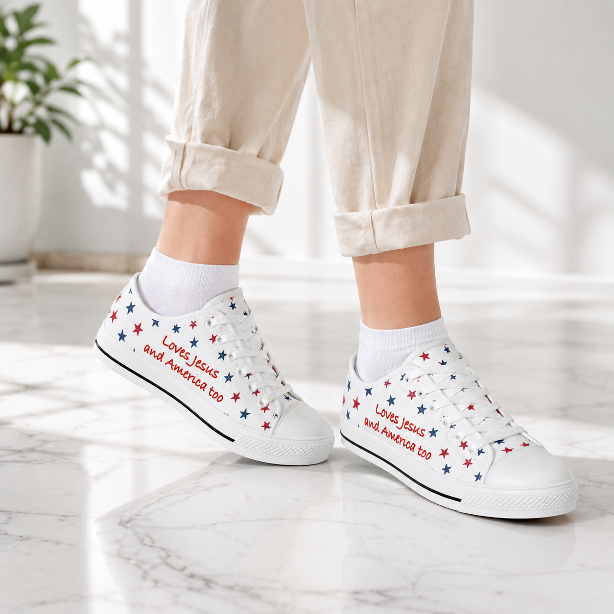 Christian Patriotic Loves Jesus and America Too Women's White Sole Canvas Shoes
