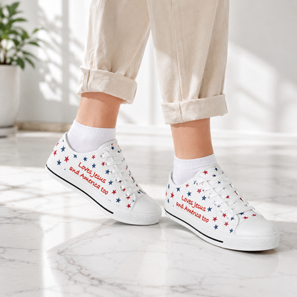 Christian Patriotic Loves Jesus and America Too Women's White Sole Canvas Shoes