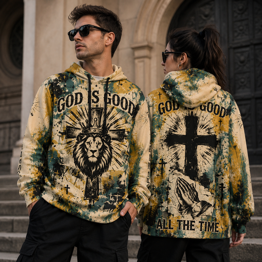 God Is Good Lion Cross Christian Cotton Hoodie