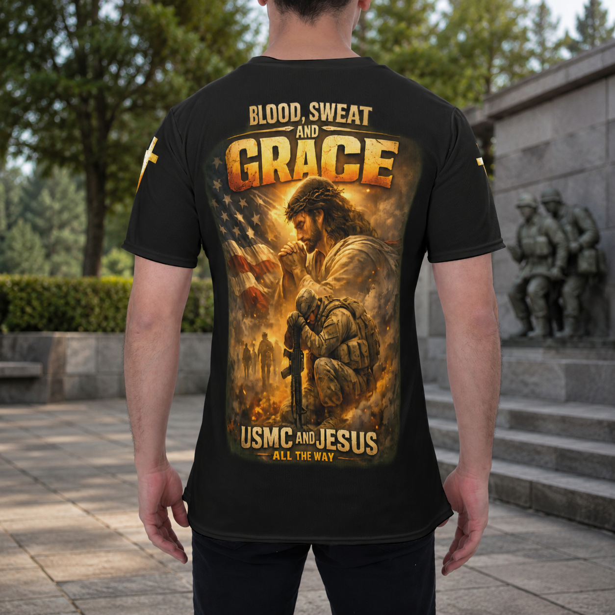 Blood Sweat and Grace USMC Christian Veteran T-Shirt