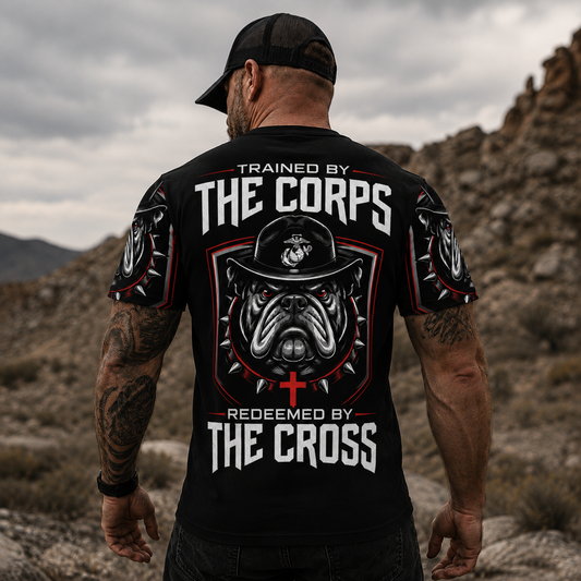 Trained by the Corps Redeemed by the Cross USMC Christian T-Shirt