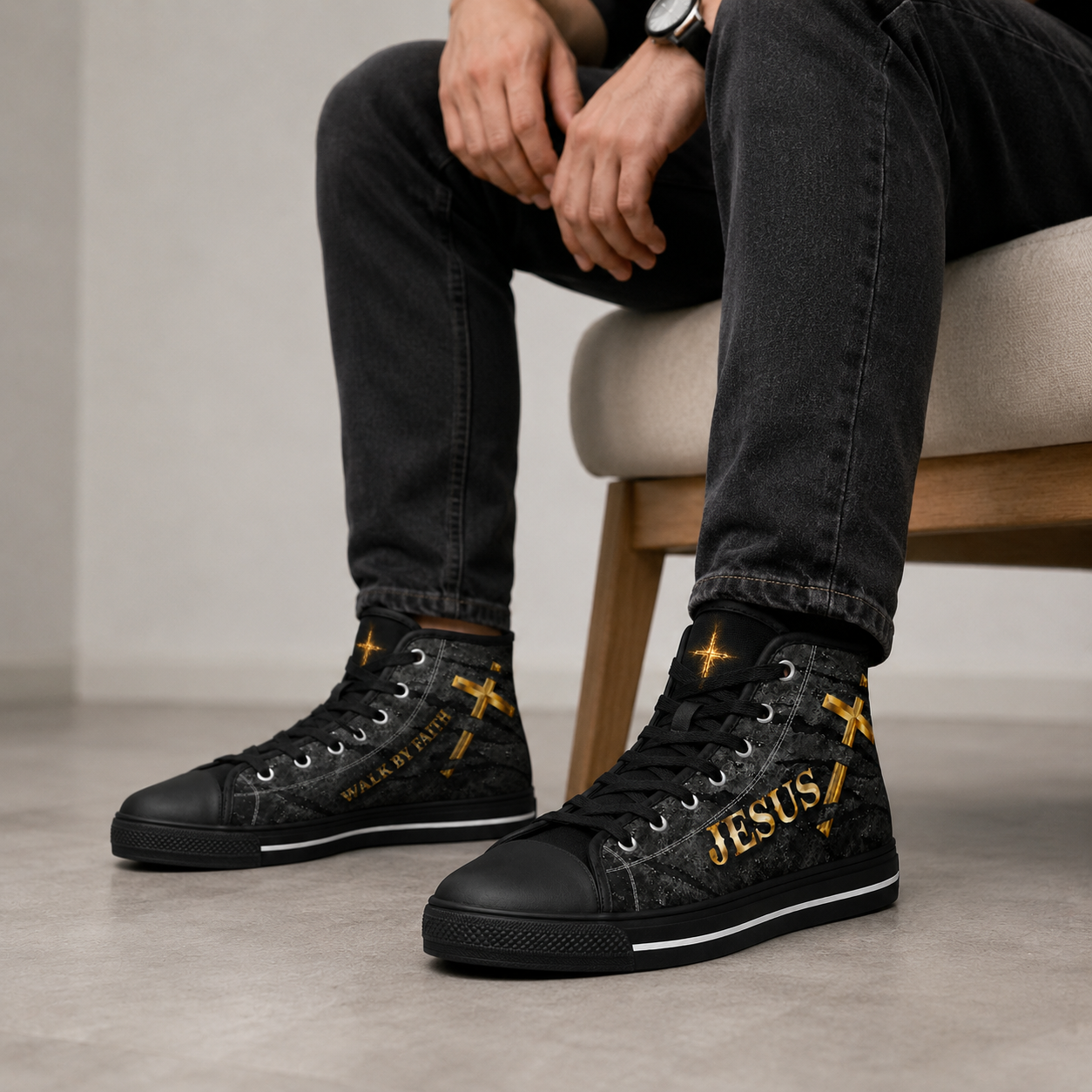 Christian Jesus Walk by Faith Men's Black Sole Canvas Shoes