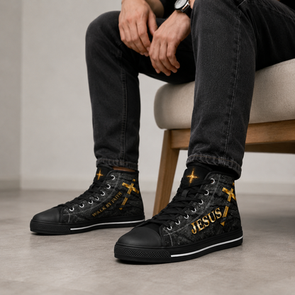 Christian Jesus Walk by Faith Men's Black Sole Canvas Shoes