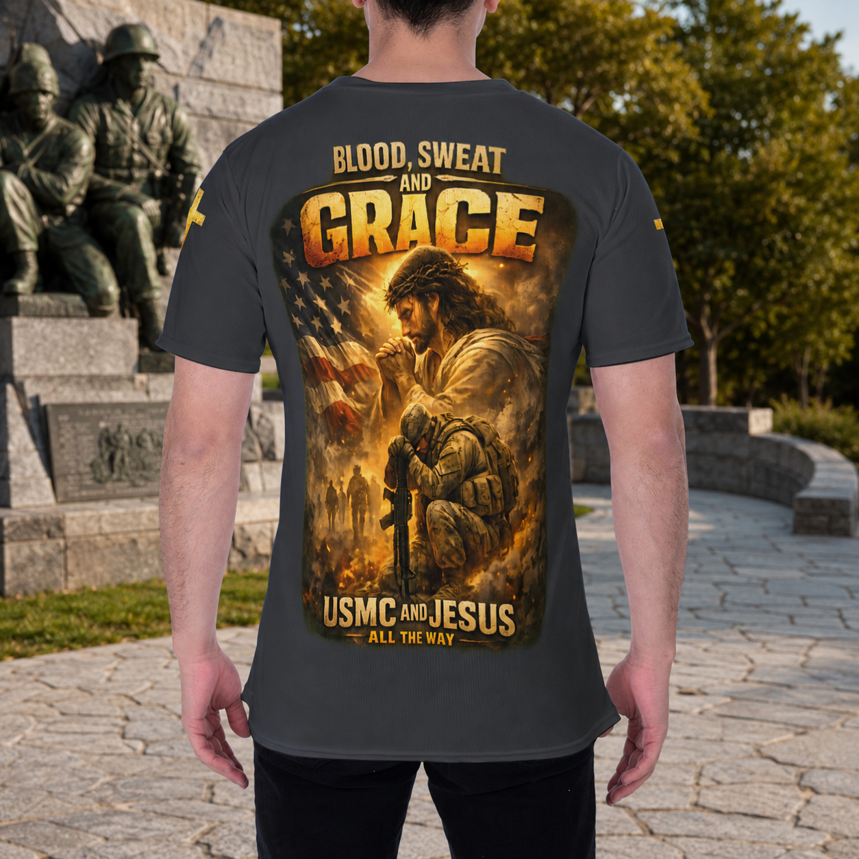 Blood Sweat and Grace USMC Christian Veteran T-Shirt