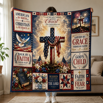 DailyFits Christian Patriotic Faith Blanket American Cross Scripture Throw Blanket