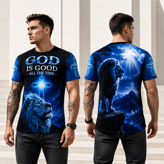 God Is Good All The Time- Lion of Judah Christian Blue T-Shirt