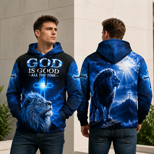God Is Good All The Time Lion of Judah Christian Blue Hoodie
