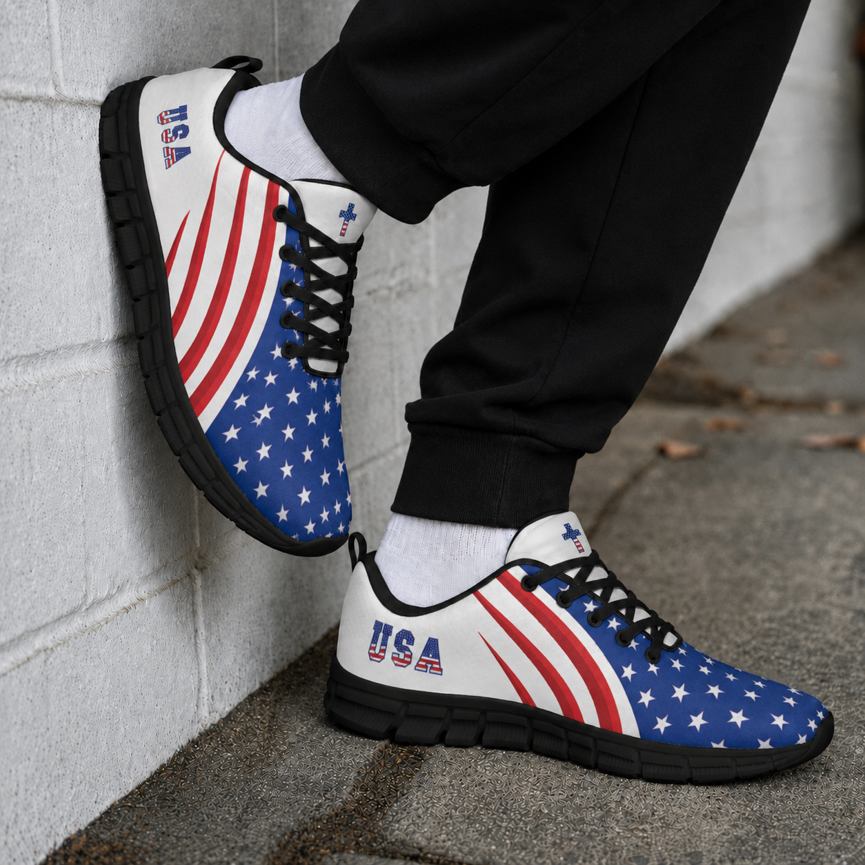 Christian Cross Patriotic - All-Over Print Men's Sports Shoes With Black Sole