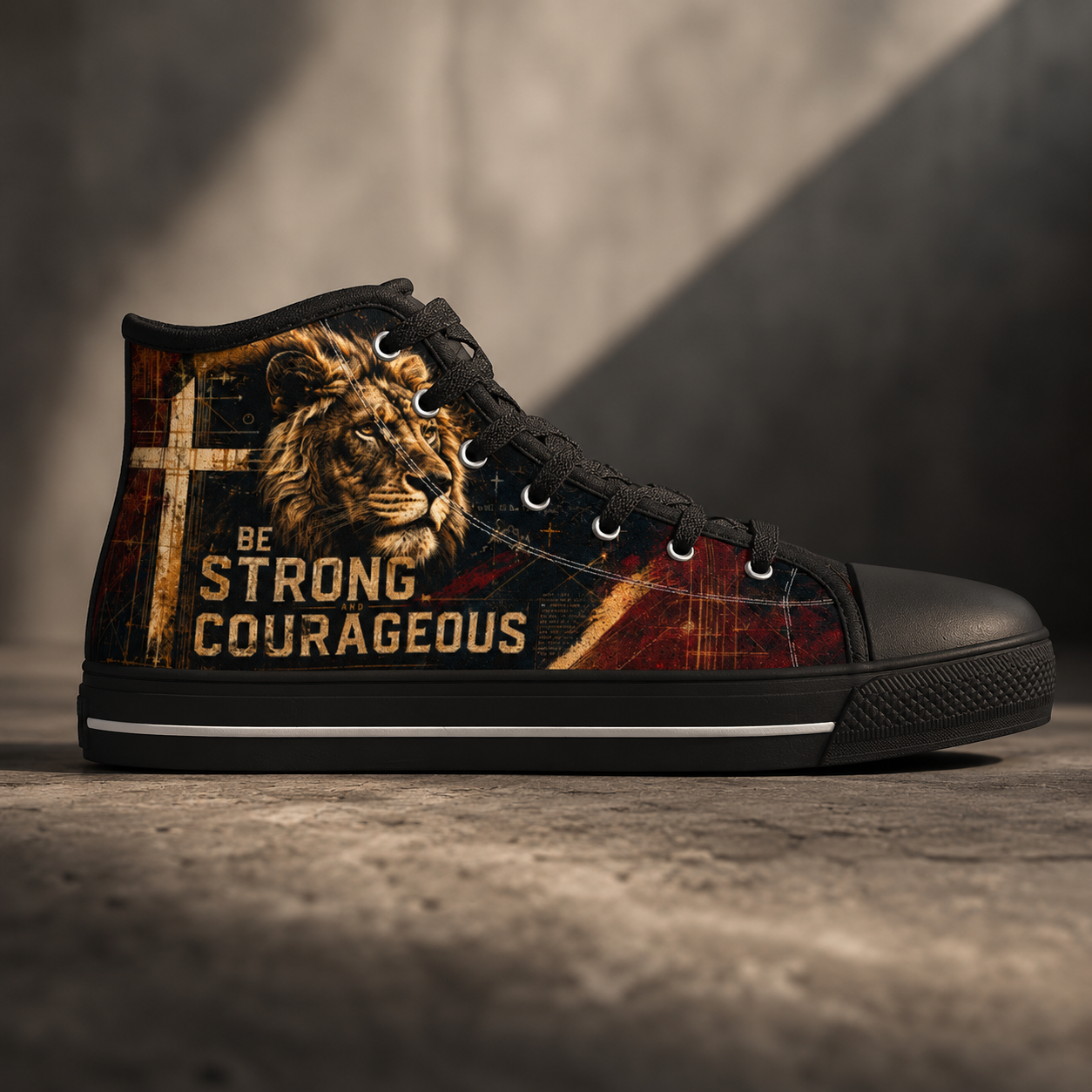 Be Strong and Courageous Lion Men's Black Sole Canvas Shoes