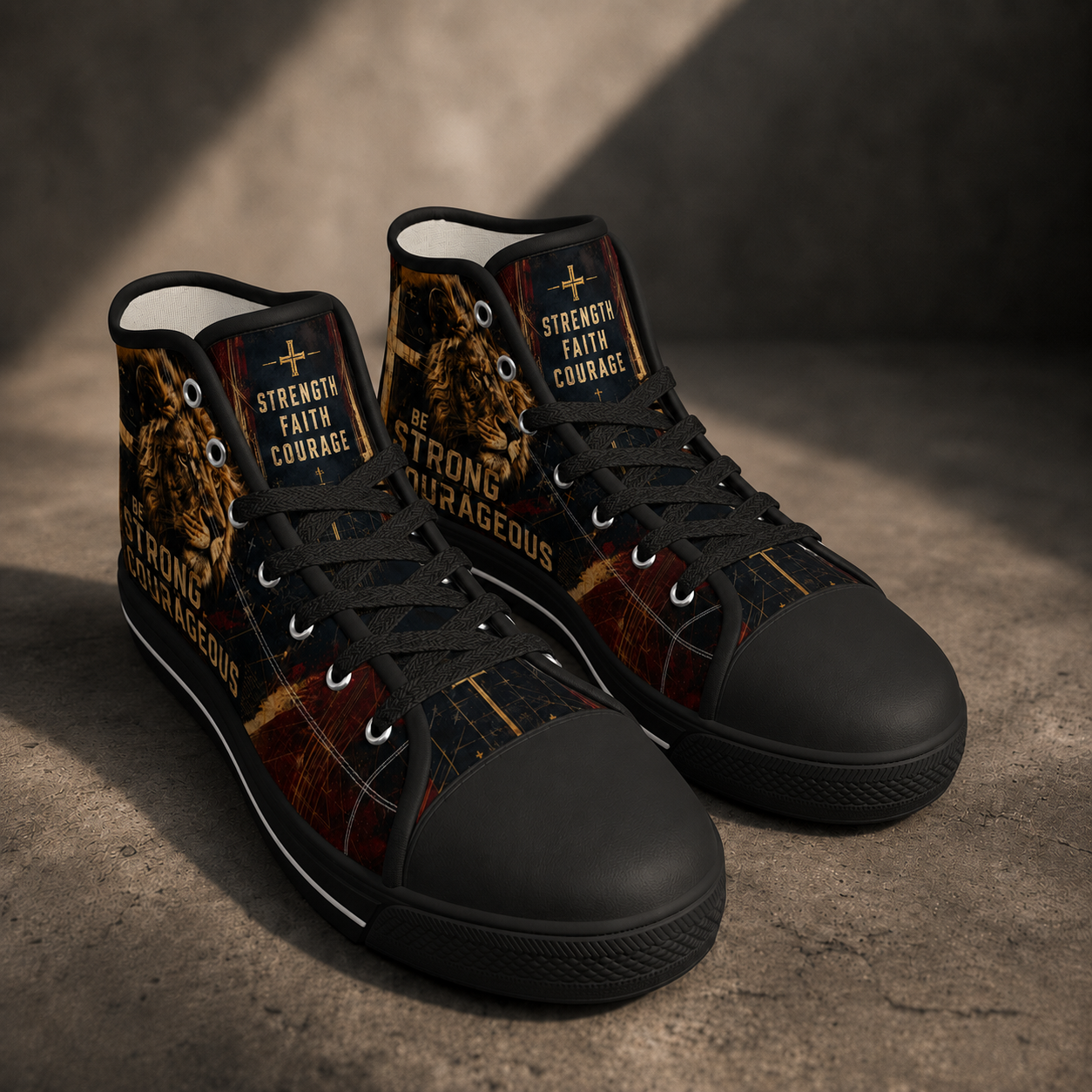 Be Strong and Courageous Lion Men's Black Sole Canvas Shoes