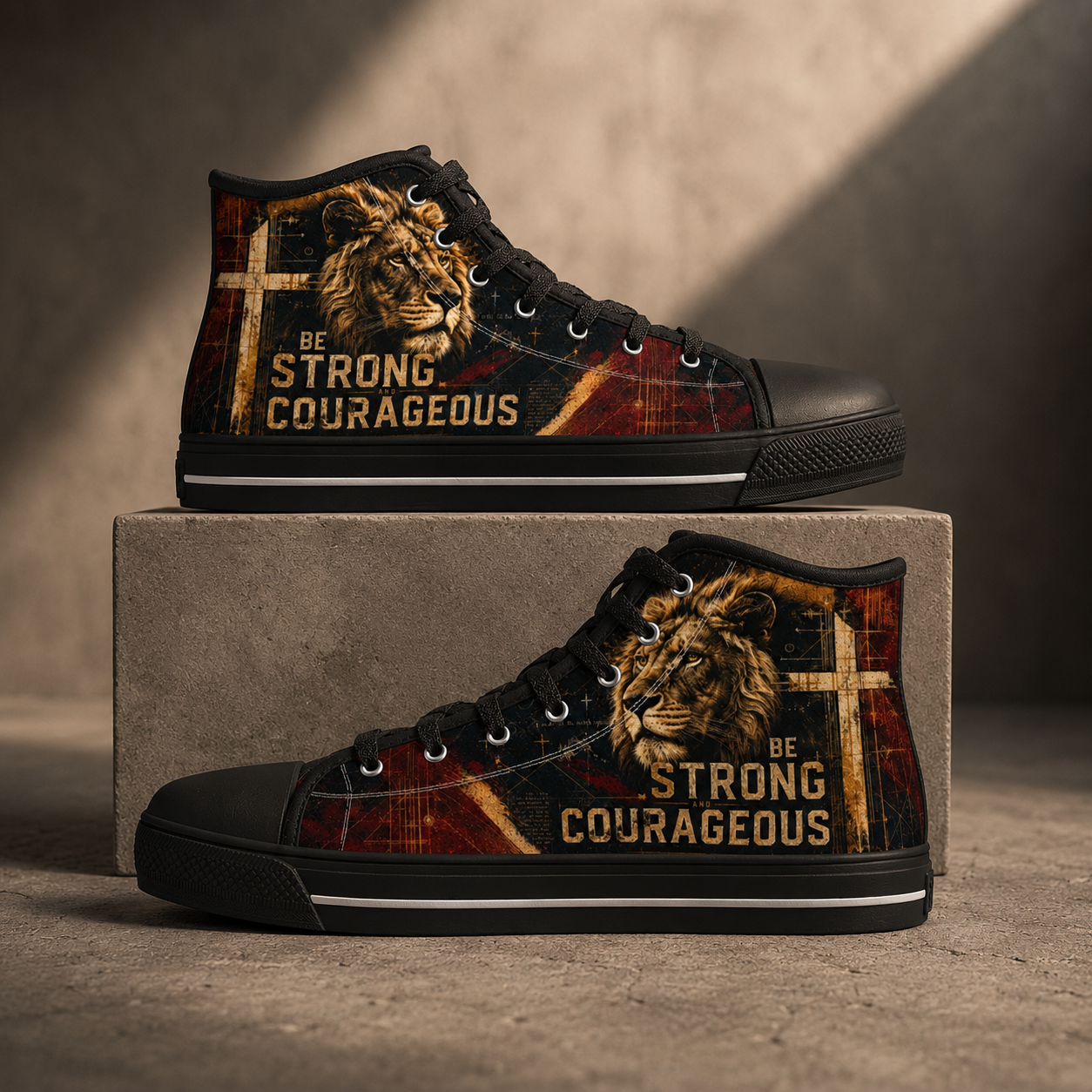Be Strong and Courageous Lion Men's Black Sole Canvas Shoes