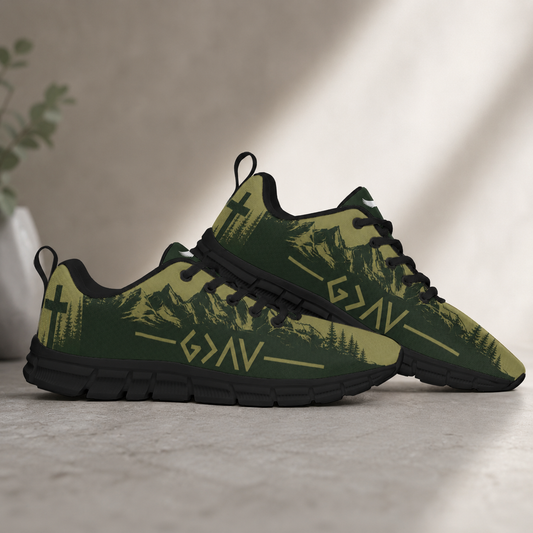 Faith Mountain Cross - All-Over Print Men's Sports Shoes With Black Sole