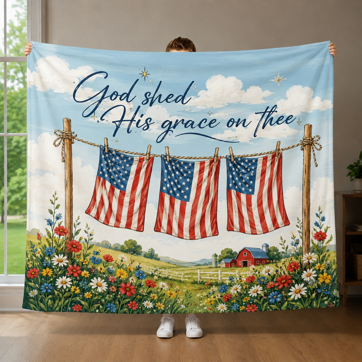 DailyFits God Shed His Grace On Thee Patriotic American Farmhouse Blanket