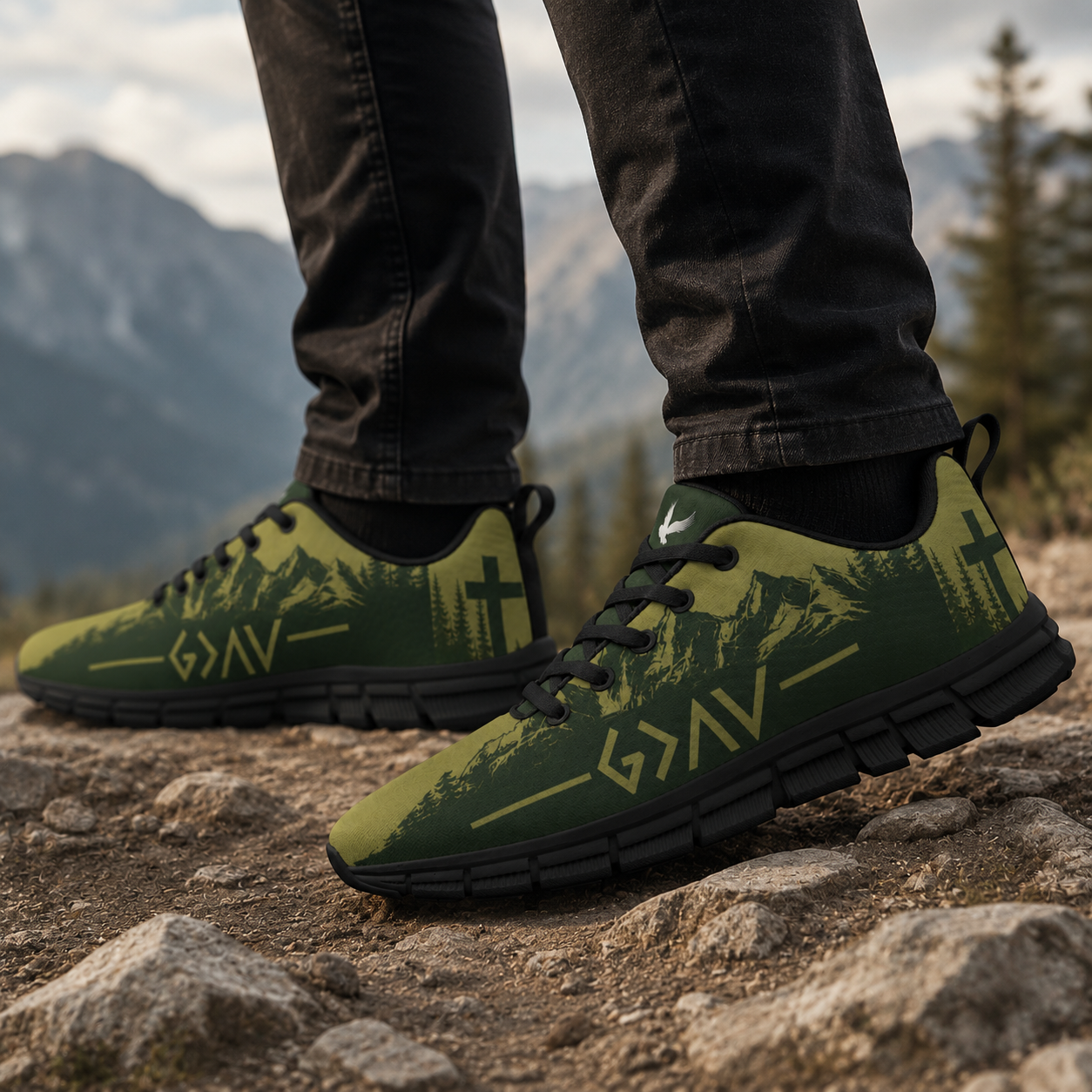 Faith Mountain Cross - All-Over Print Men's Sports Shoes With Black Sole