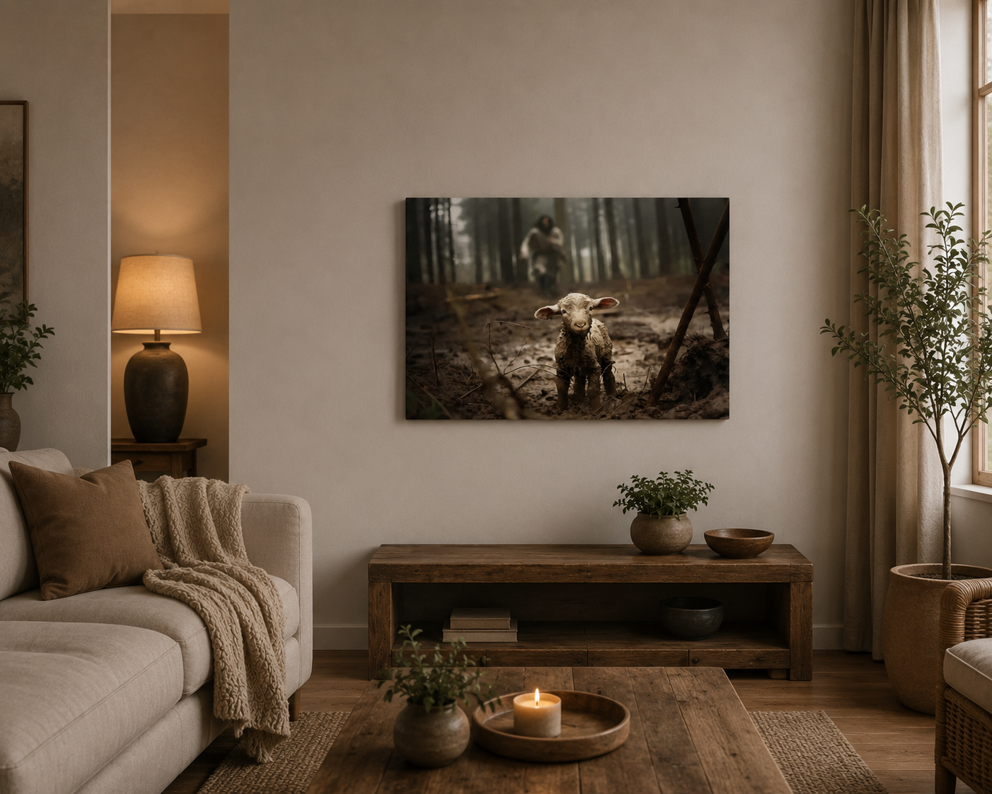 Jesus Running After Lost Lamb Canvas Wall Art