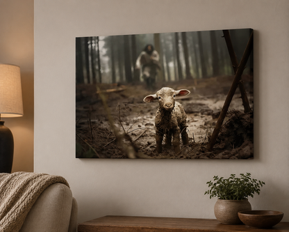 Jesus Running After Lost Lamb Canvas Wall Art