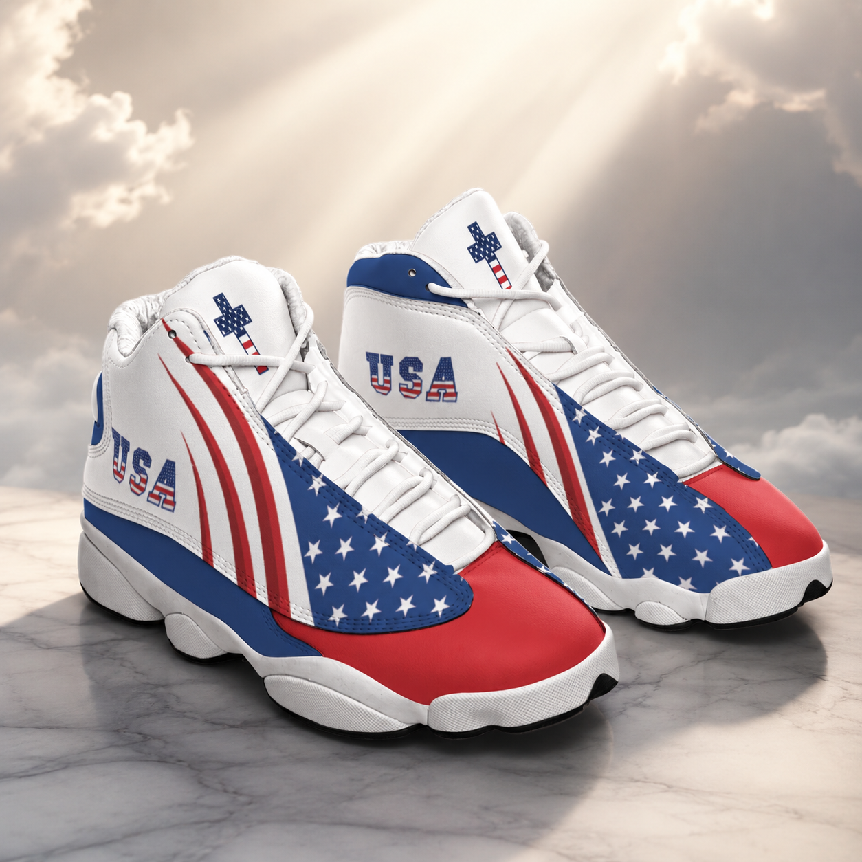 Christian Cross USA Flag Patriotic - Men's Curved Basketball Shoes With Thick Soles