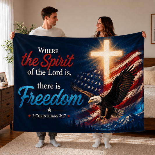 DailyFits Christian Freedom 2 Corinthians 3:17 Patriotic Eagle Cross Blanket