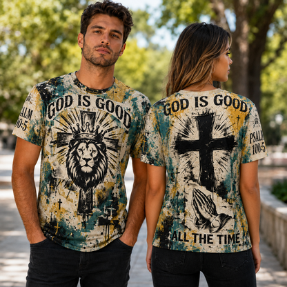 God Is Good Psalm 100:5 Lion Cross Christian Mesh T-Shirt