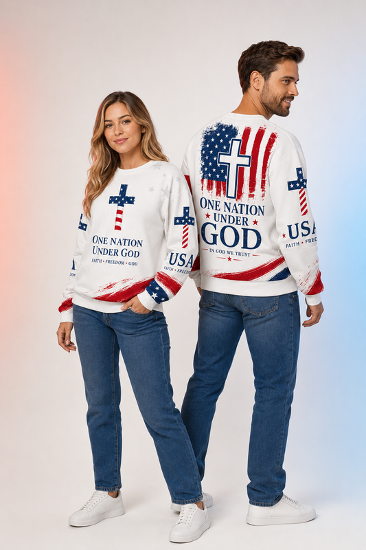 Christian Cross USA Flag Patriotic Sweater | Faith Freedom Christian Fleece Pullover