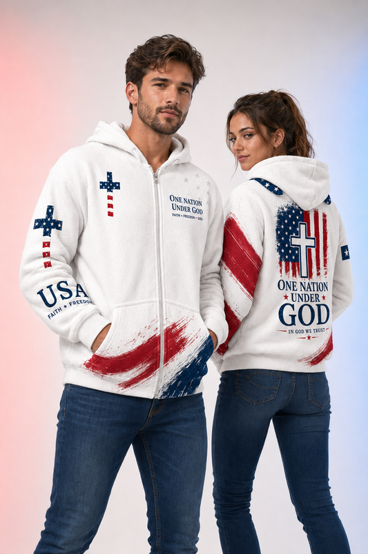 Christian Cross USA Flag Patriotic Cozy Cat Ear Hoodie