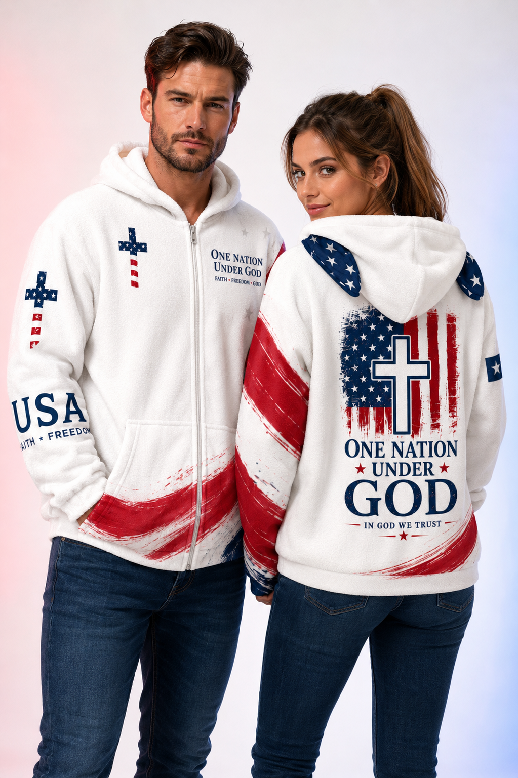 Christian Cross USA Flag Patriotic Cozy Cat Ear Hoodie