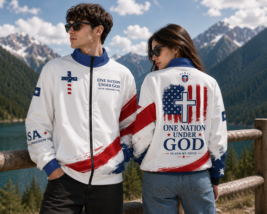 Christian Cross USA Flag Patriotic Stand Up Collar Jacket With Raglan Sleeve