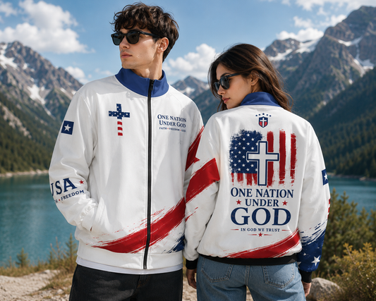 Christian Cross USA Flag Patriotic Stand Up Collar Jacket With Raglan Sleeve