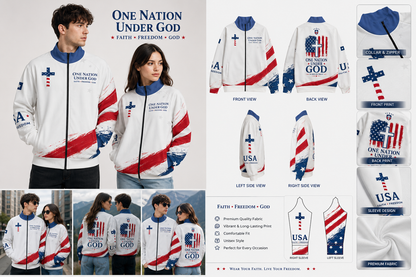 Christian Cross USA Flag Patriotic Stand Up Collar Jacket With Raglan Sleeve