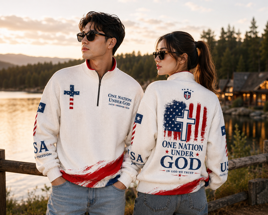 Christian Cross USA Flag Patriotic Turtleneck Zippered Sweatshirt