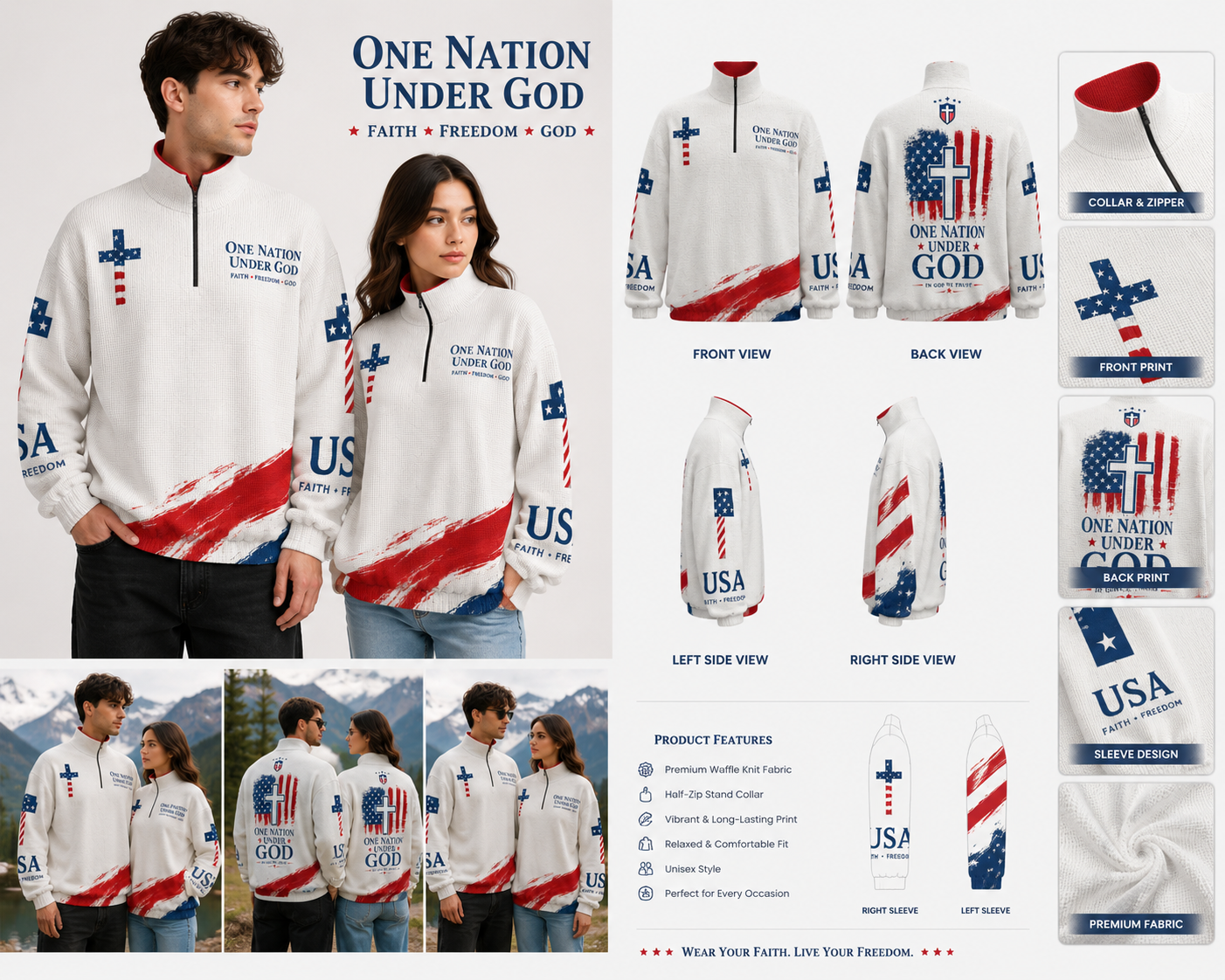 Christian Cross USA Flag Patriotic Turtleneck Zippered Sweatshirt