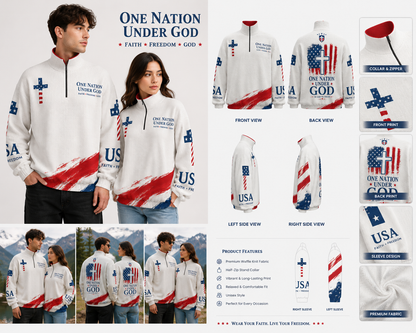 Christian Cross USA Flag Patriotic Turtleneck Zippered Sweatshirt