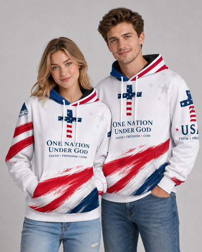One Nation Under God USA Flag Christian Cotton Pullover Hoodie