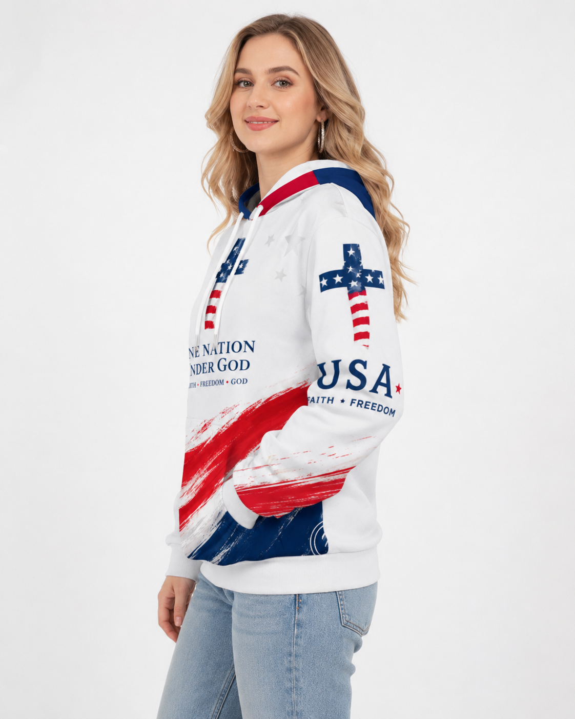 One Nation Under God USA Flag Christian Cotton Pullover Hoodie