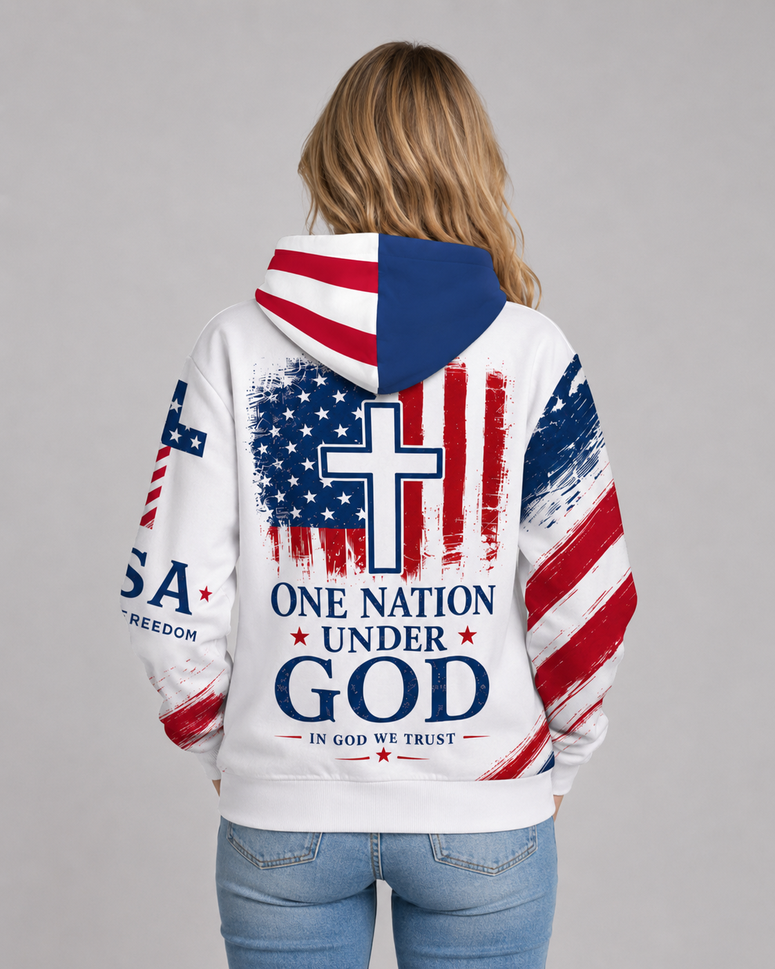 One Nation Under God USA Flag Christian Cotton Pullover Hoodie