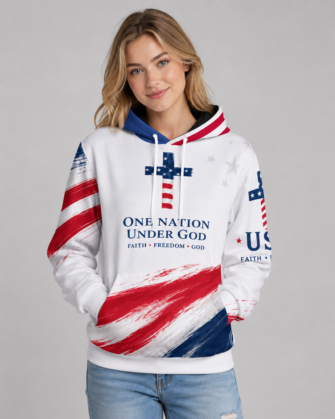 One Nation Under God USA Flag Christian Cotton Pullover Hoodie
