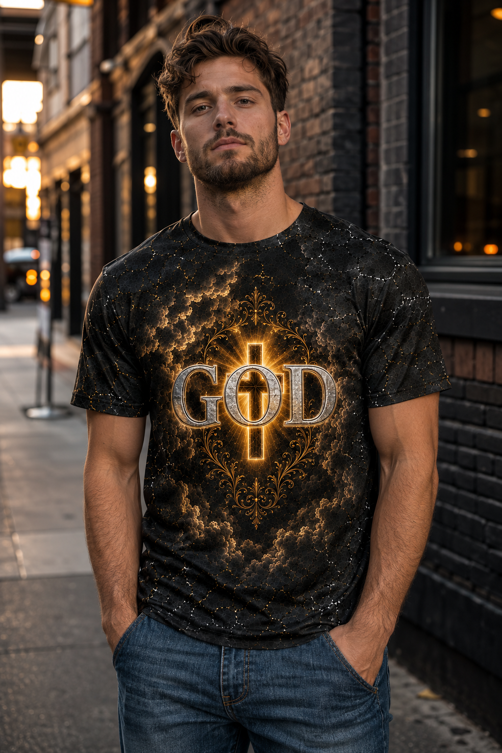 3D GOD Christian T-Shirt, Black Gold Faith Graphic Tee, All-Over Print Mesh Shirt