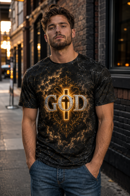 3D GOD Christian T-Shirt, Black Gold Faith Graphic Tee, All-Over Print Mesh Shirt