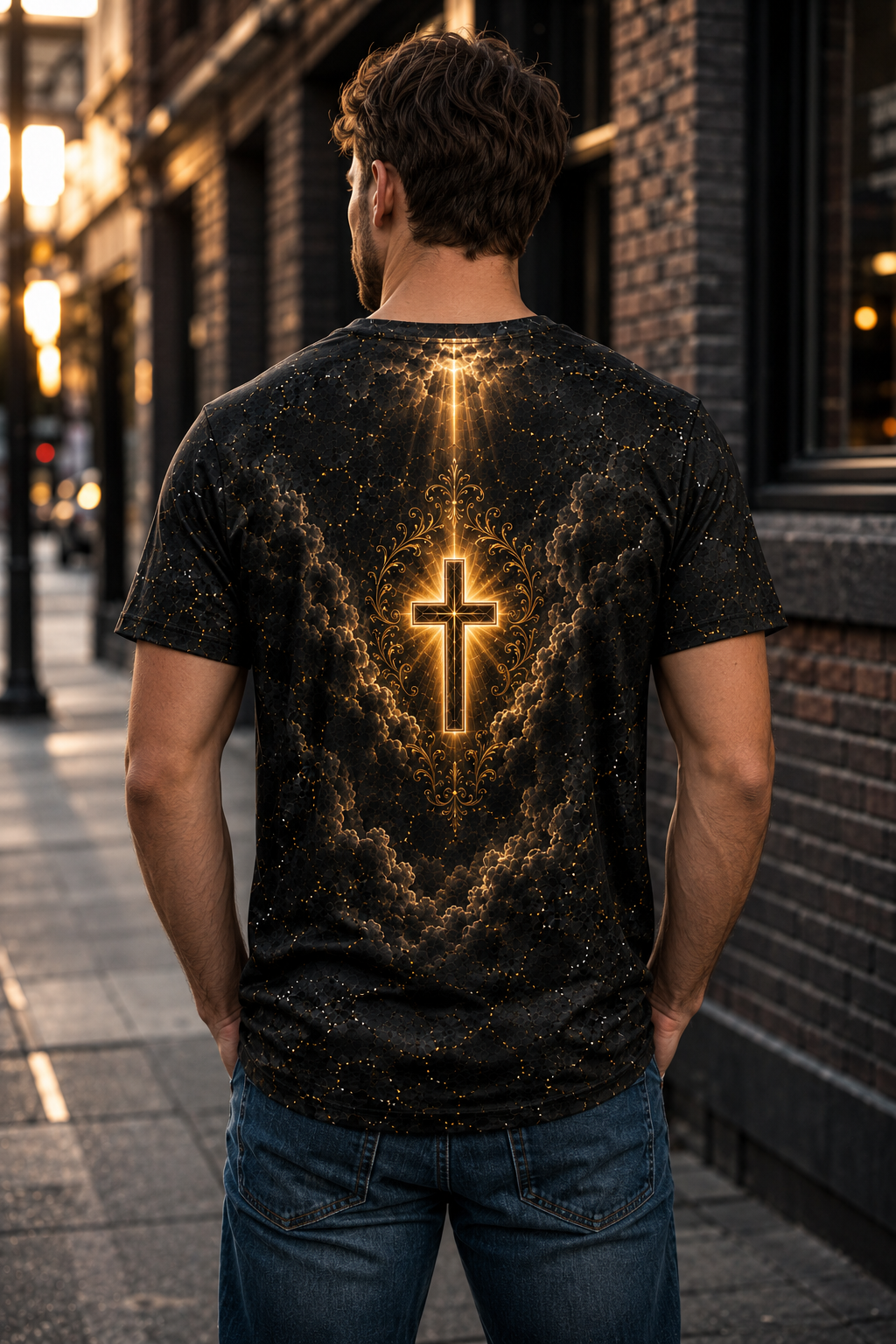 3D GOD Christian T-Shirt, Black Gold Faith Graphic Tee, All-Over Print Mesh Shirt