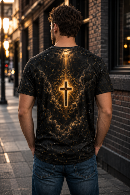 3D GOD Christian T-Shirt, Black Gold Faith Graphic Tee, All-Over Print Mesh Shirt