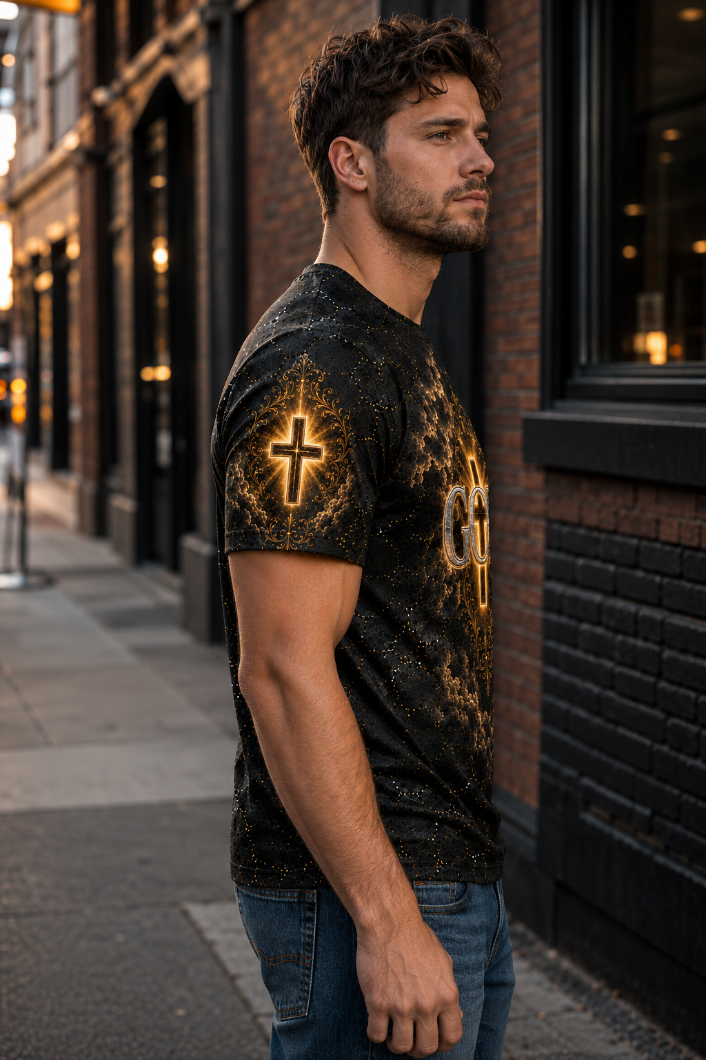 3D GOD Christian T-Shirt, Black Gold Faith Graphic Tee, All-Over Print Mesh Shirt