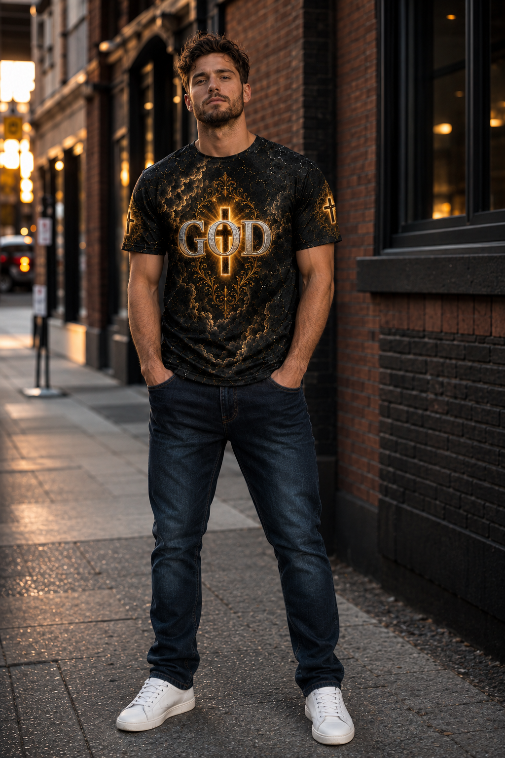 3D GOD Christian T-Shirt, Black Gold Faith Graphic Tee, All-Over Print Mesh Shirt